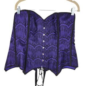 Adore Me Purple & Black Corset 3X Lace print Tie Back Metal Hook Eye Front Boned